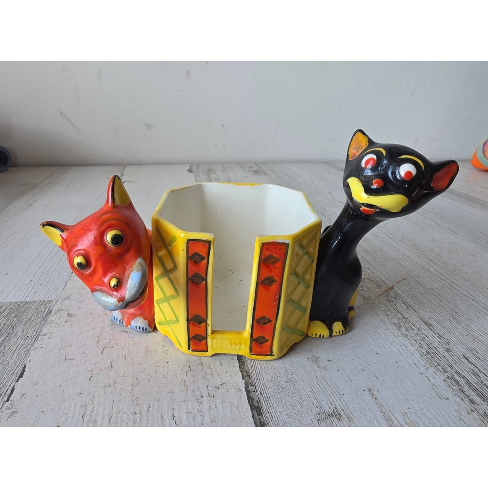 Vintage cat coaster Japan ceramic folk art kitten yellow Halloween decor Xmas